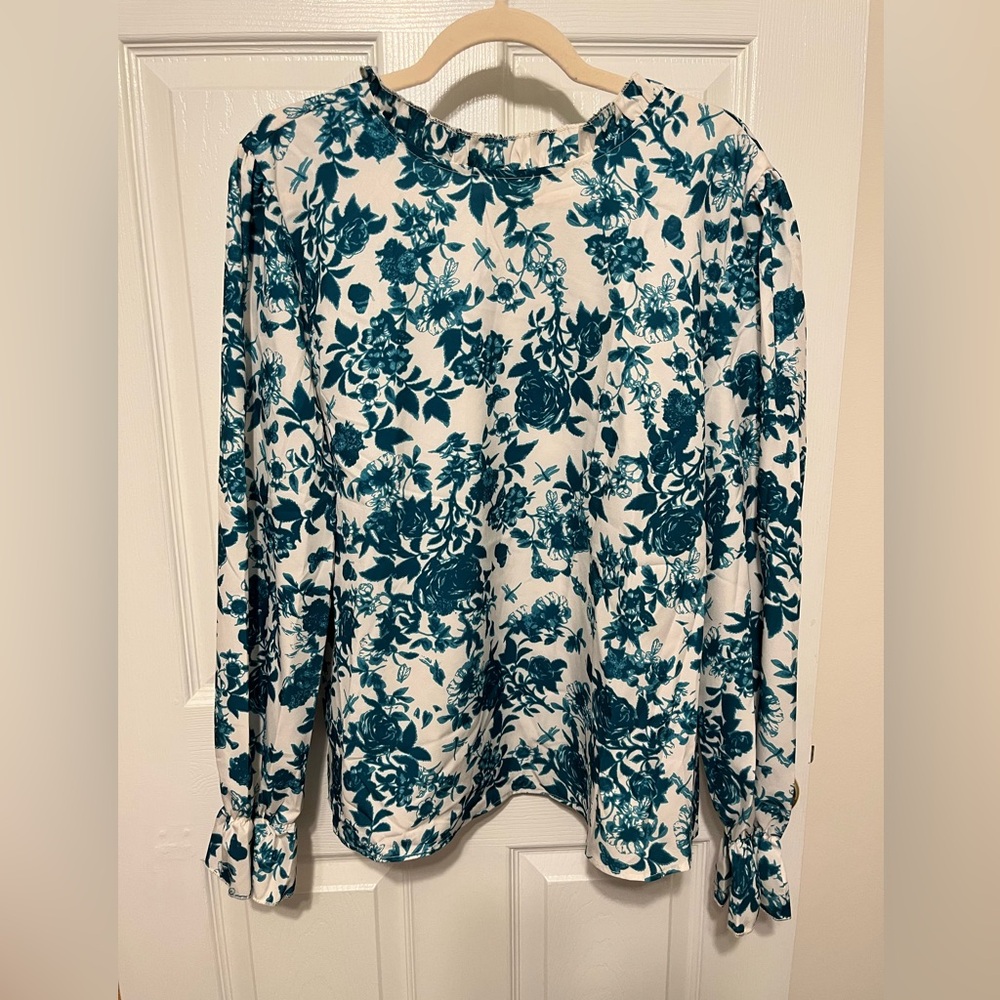 Women's Floral Print Long Sleeve Ruffle High Neck Blouse